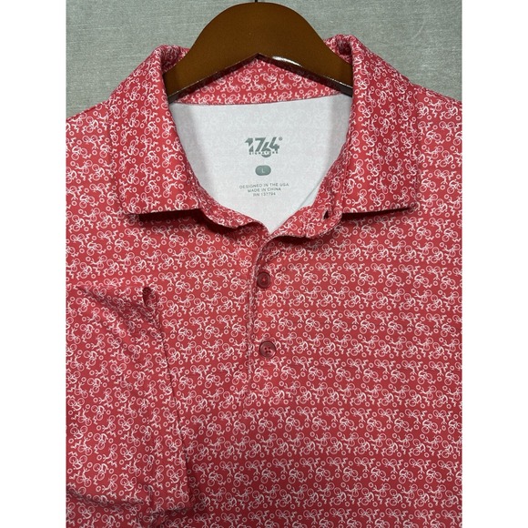 1764 Golf Polo Shirt Mens Large Hibiscus Red Performance Stretch Bicycle Riding - Picture 1 of 8